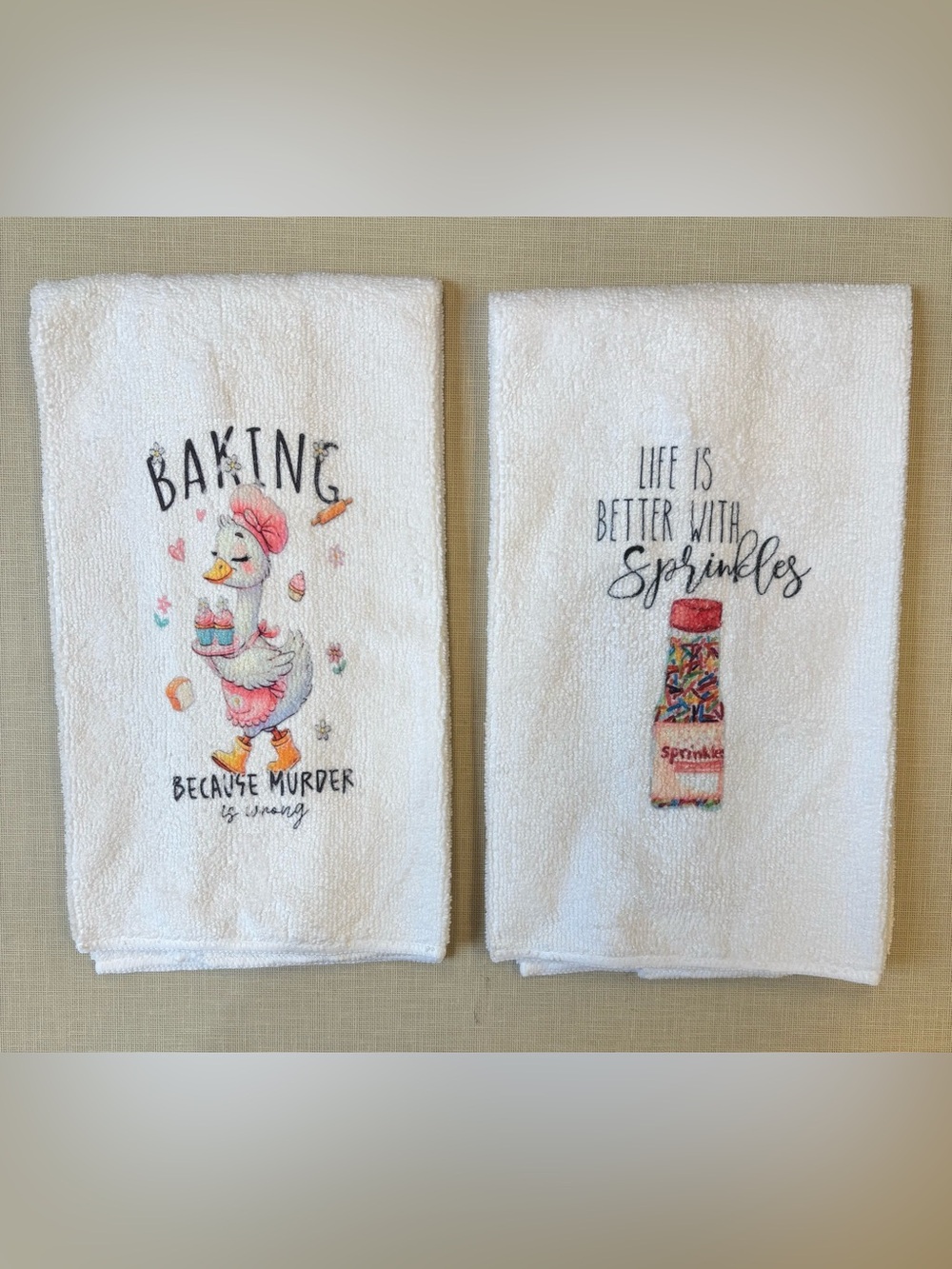 NEW White Kitchen Towels with Cute Baking Duck & Sprinkles Designs
